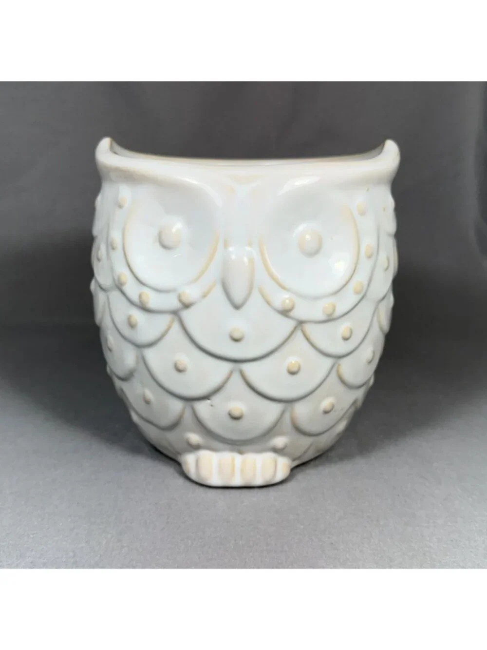 White Ceramic Owl Utensil Holder Crock Embossed Boho Farmhouse Kitchen Decor